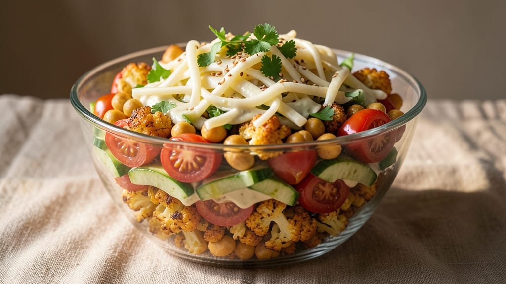 7 Layer Salad Recipe With Cauliflower: Crunchy Rice and Cheese Layers for Low-Carb Crunch