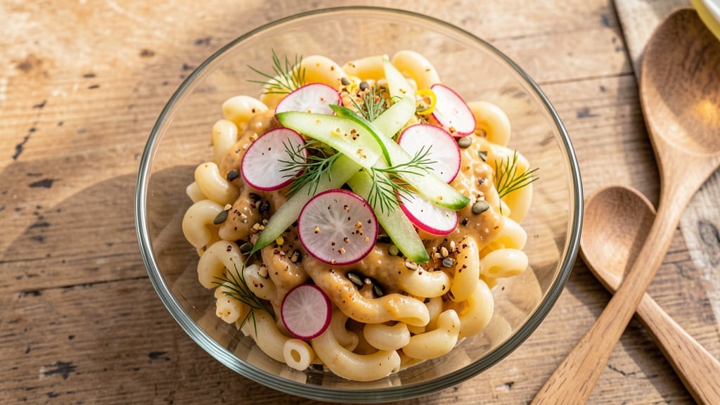 Vegan Mac Salad Recipe: Crunchy Celery Crowns with Creamy Tahini Dressing