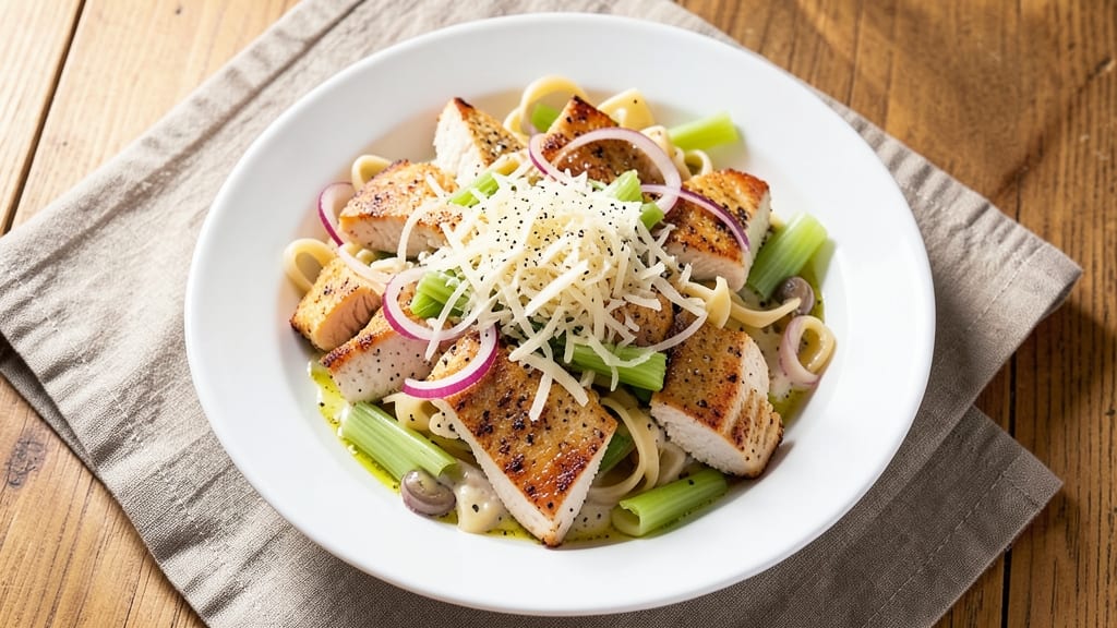 Chicken Caesar Bowtie Pasta Salad Recipe: Crisp Celery Crowns and Parmesan-Packed Protein Twist