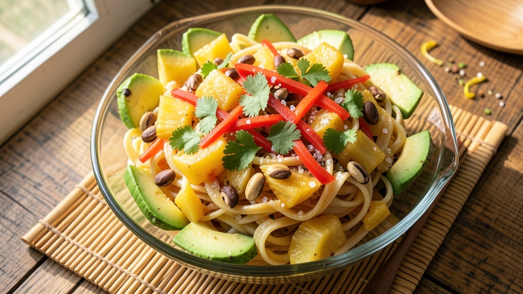 Caribbean Pasta Salad Recipe: Tropical Rum-Lime Dressing With Pineapple & Macadamia Crunch